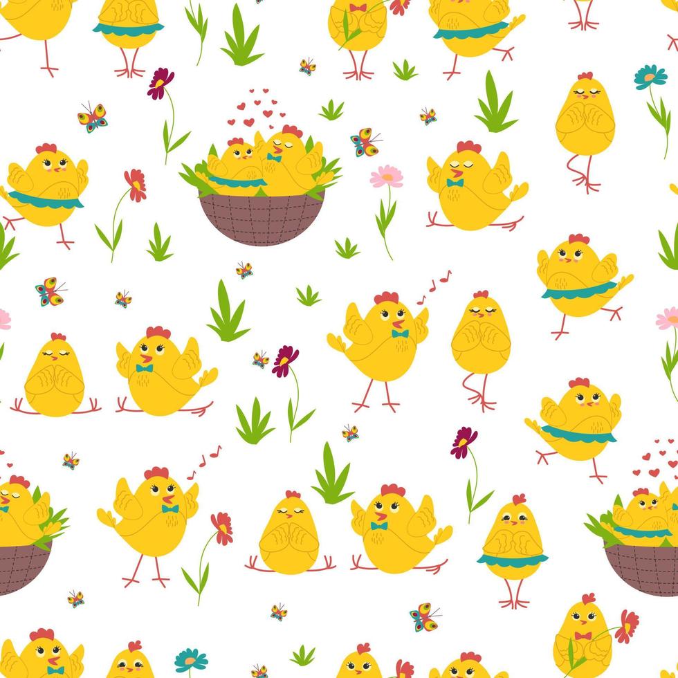 poulets mignons dans différentes poses, fleurs et papillons sans couture. poulets de Pâques. la volaille. illustration vectorielle. vecteur