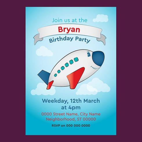 Invitation d&#39;anniversaire modifiable d&#39;avion mignon pour les enfants vecteur