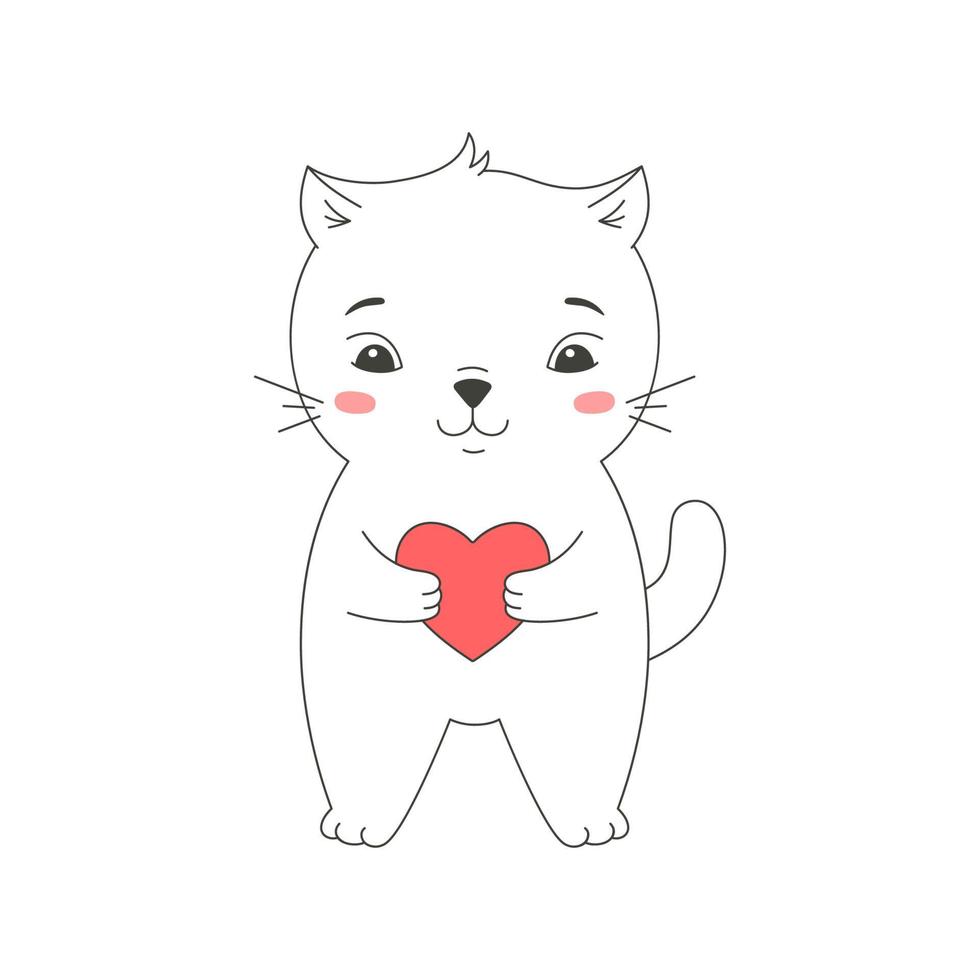 chat mignon tenant un coeur, illustration vectorielle. chaton drôle dans un style doodle pour l'impression et le design. élément isolé sur fond blanc. carte de voeux saint valentin, animal de compagnie de caractère heureux vecteur