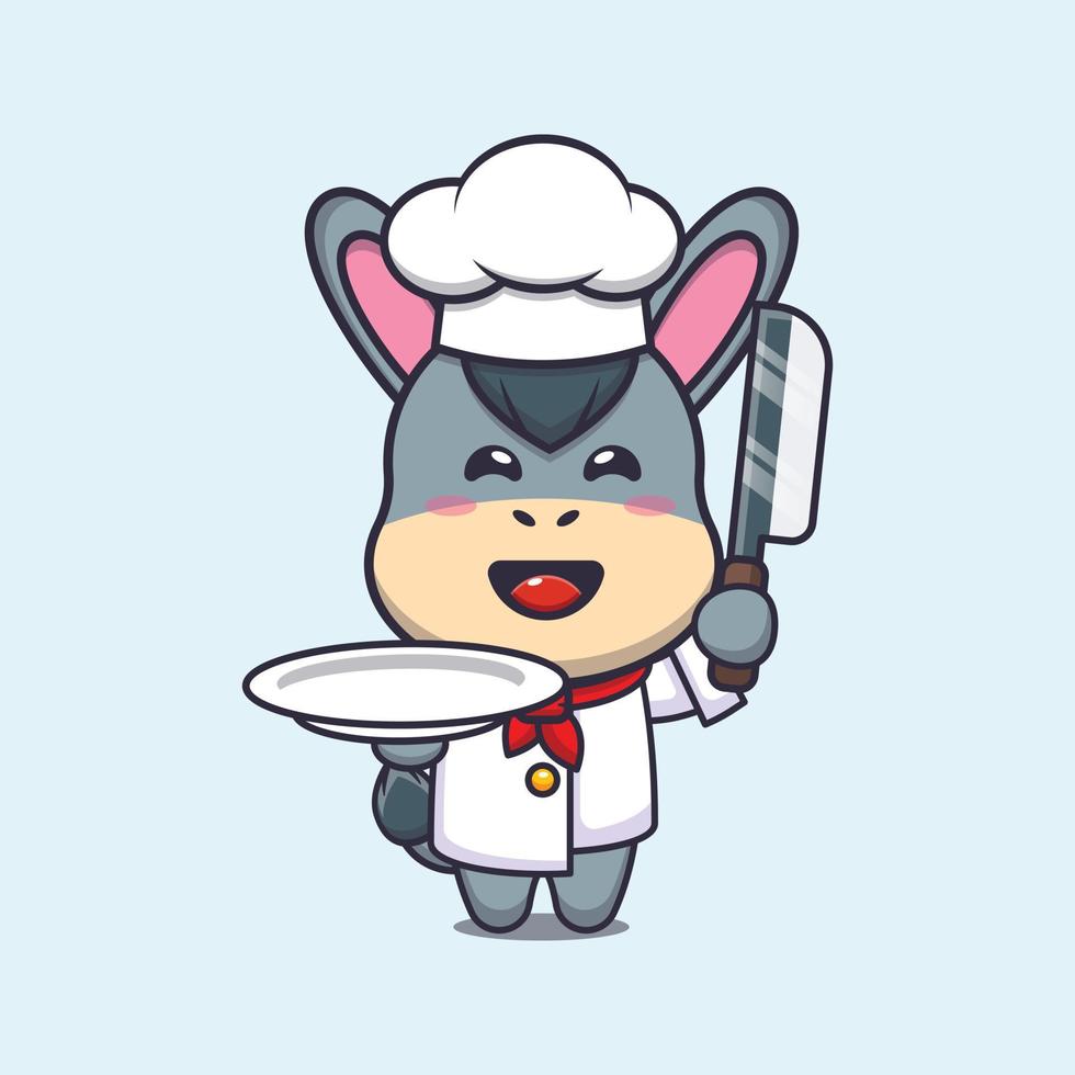 personnage de dessin animé de mascotte de chef d'âne mignon avec couteau et assiette vecteur