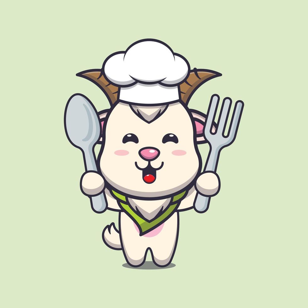 personnage de dessin animé de mascotte de chef de chèvre mignon tenant une cuillère et une fourchette vecteur