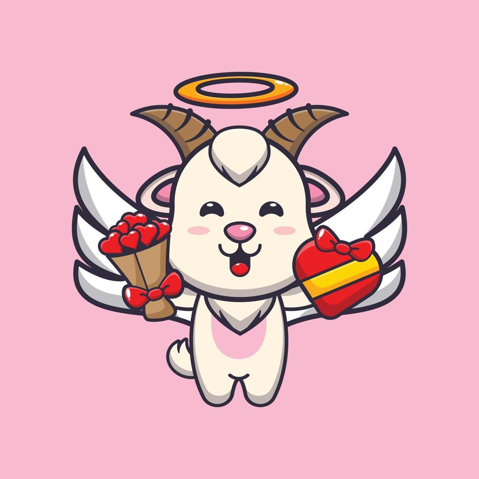 personnage de dessin animé mignon chèvre cupidon tenant un cadeau d'amour et un bouquet d'amour vecteur