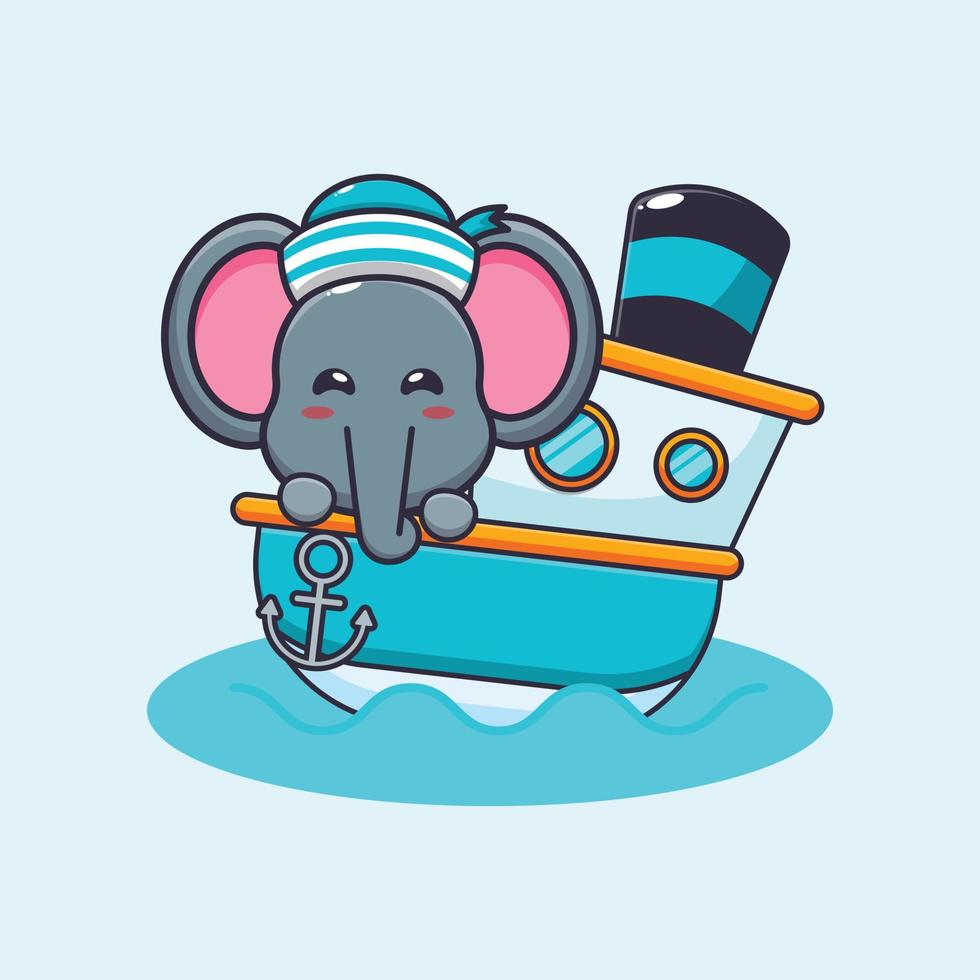 personnage de dessin animé de mascotte d'éléphant mignon sur le navire vecteur