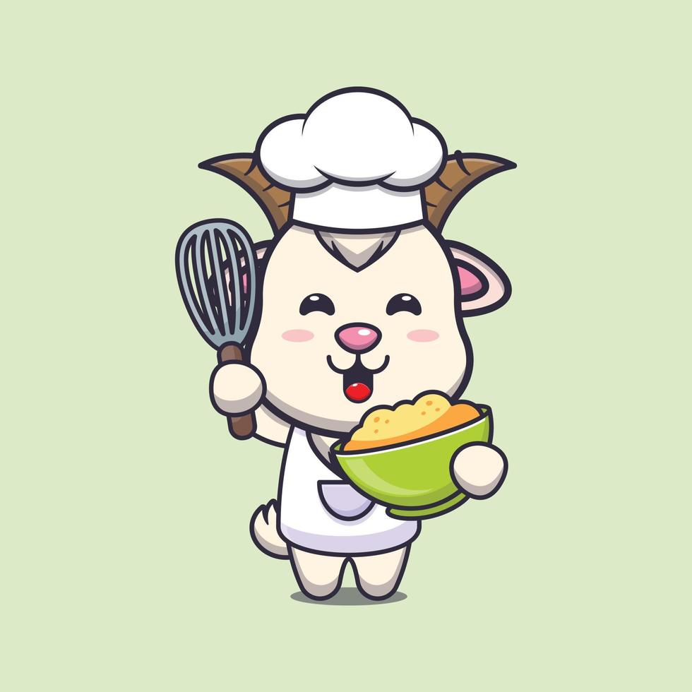 personnage de dessin animé de mascotte de chef de chèvre mignon avec de la pâte à gâteau vecteur