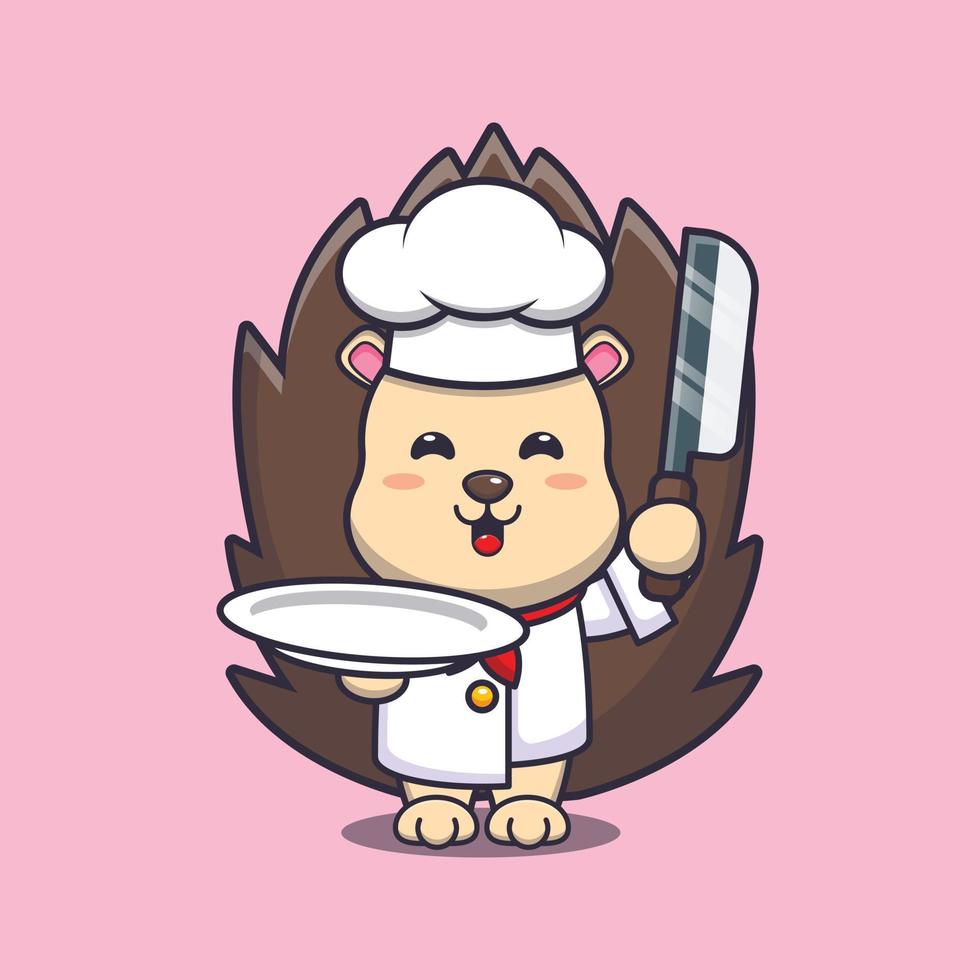 personnage de dessin animé de mascotte de chef hérisson mignon avec couteau et assiette vecteur
