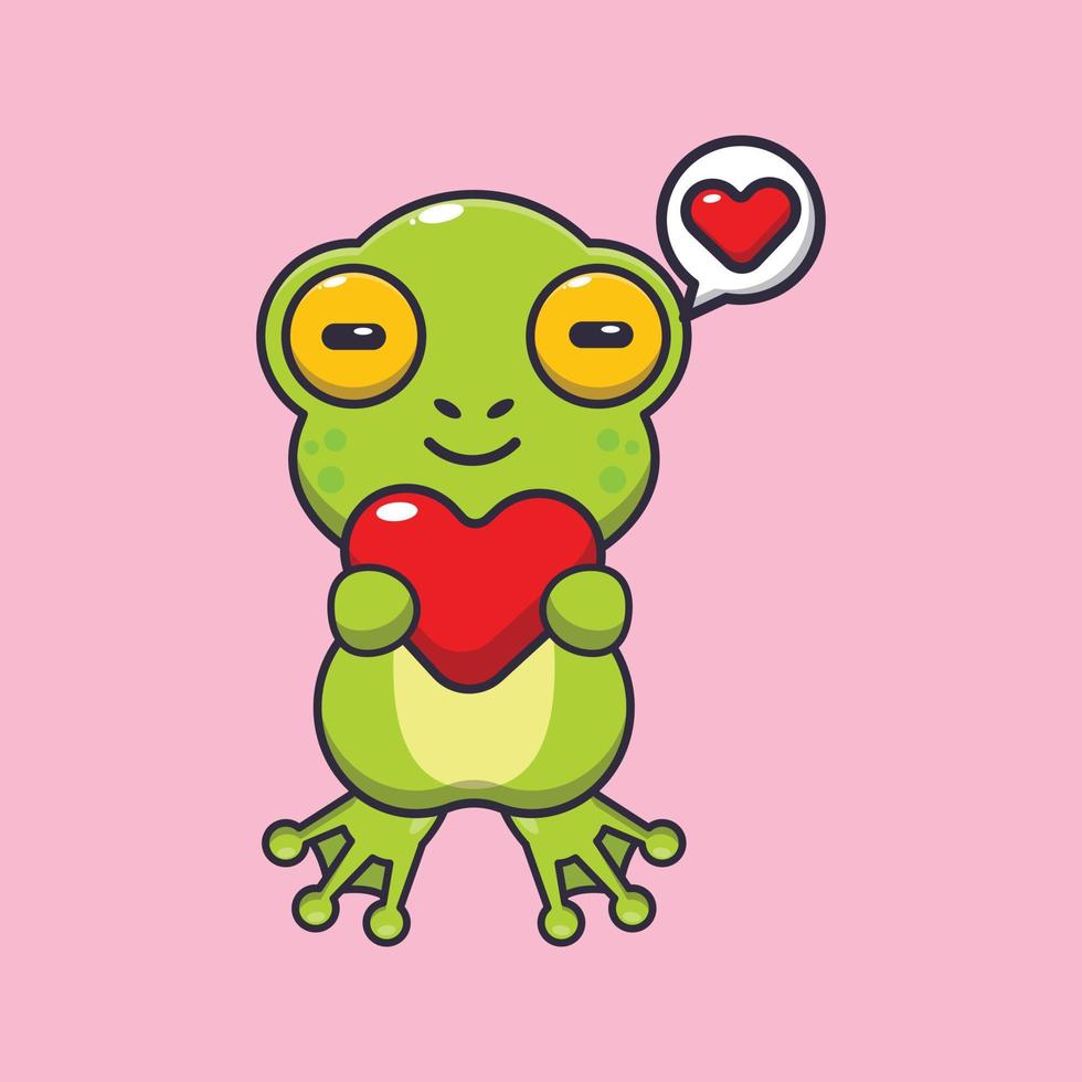 personnage de dessin animé mignon grenouille tenant coeur d'amour vecteur