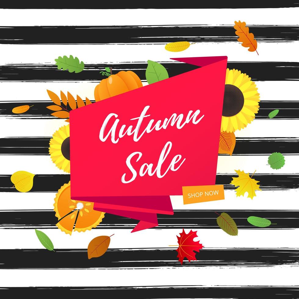 bannière de vecteur de vente d'automne ou illustration vectorielle de conception de style plat dégradé d'affiche. énorme ruban rouge avec texte vente d'automne, feuilles colorées, citrouille, tournesol, tarte et maïs isolés sur fond amusant.