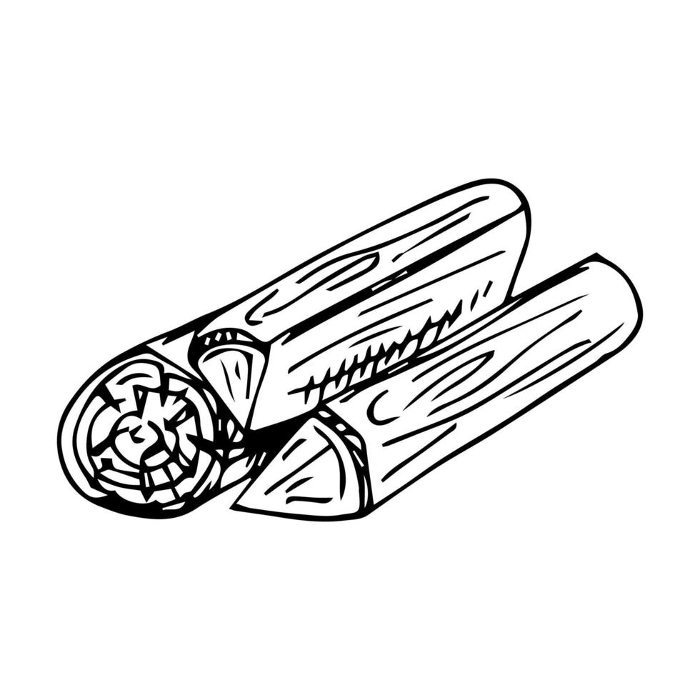 bûche de bois, tronc, éléments de bois, doodle vectoriel. contour de tronc d'arbre haché. bois de chauffage, planches, deux bûches avec texture d'écorce, dessin au trait. anneaux de l'année d'un arbre, gros plan. vecteur