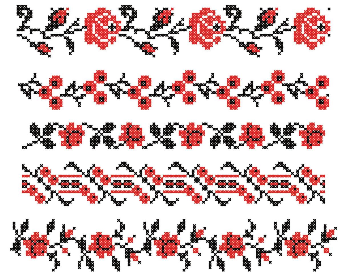 schéma d'ornement vectoriel national ukrainien au point de croix de roses et de baies pour les cadres. ensemble noir et rouge d'illustrations vectorielles