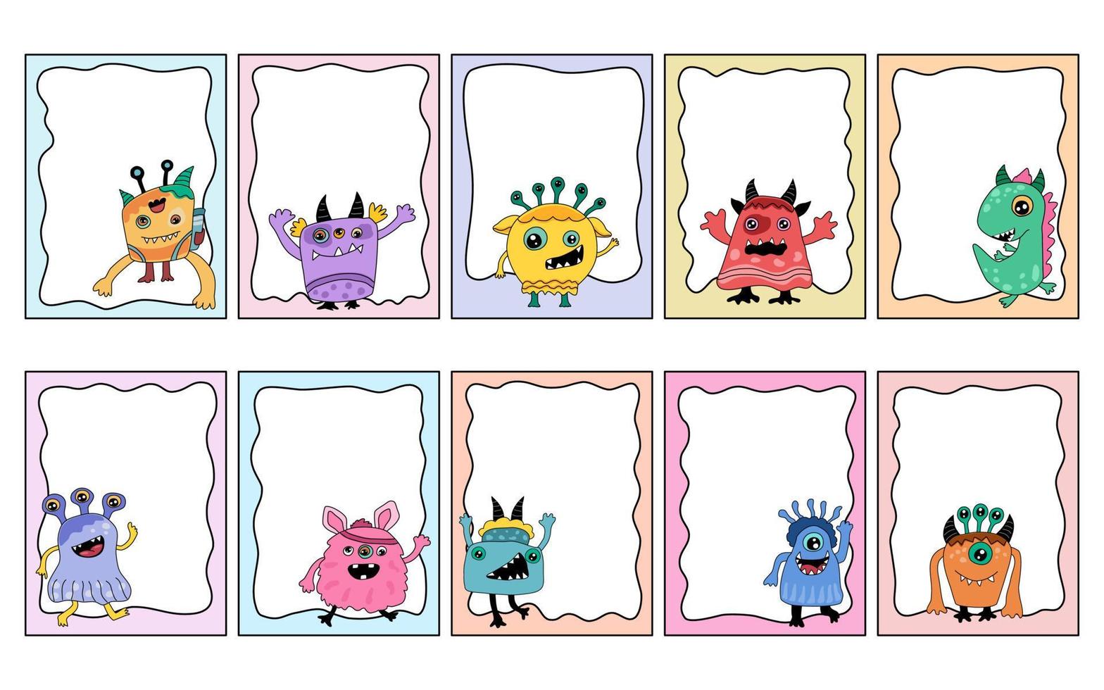 ensemble de cadres de monstres mignons dans un style doodle coloré vecteur