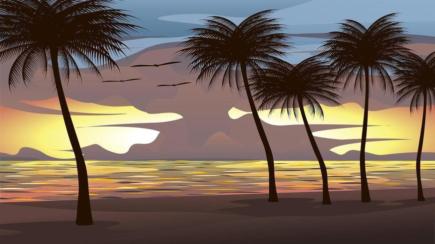 Illustration de la plage, de la mer, du ciel au coucher du soleil avec des cocotiers et des oiseaux en vol vecteur