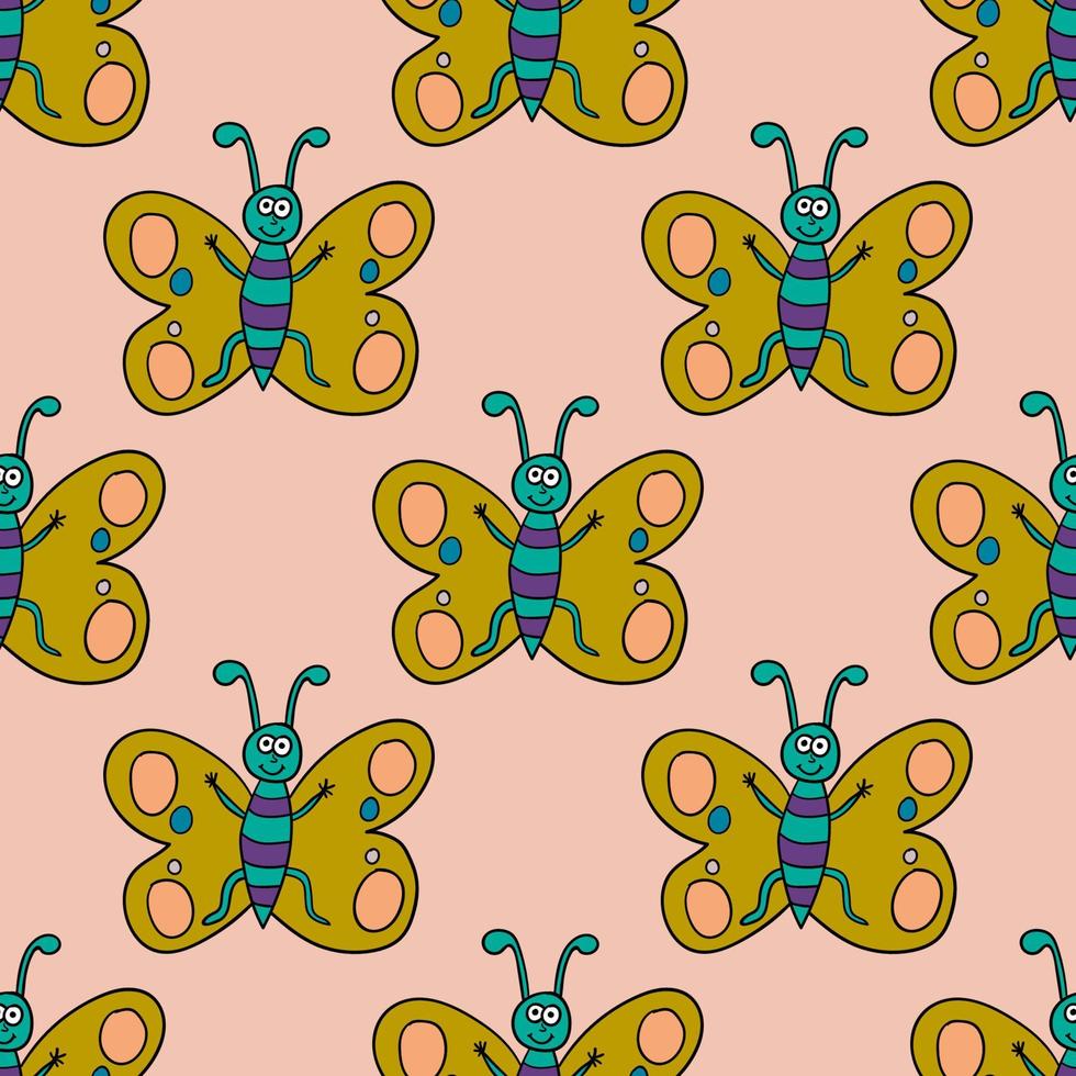 modèle sans couture avec papillon heureux doodle fine ligne. fond d'insectes tropicaux. vecteur