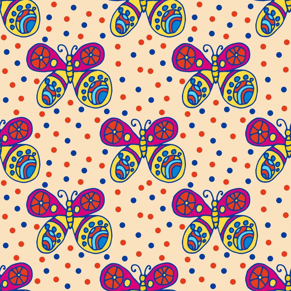 motif répétitif avec des papillons colorés dessinés à la main et de petits cercles autour dans le style des enfants sur le vert. fond abstrait festif sans soudure, papier d'emballage infini. vecteur