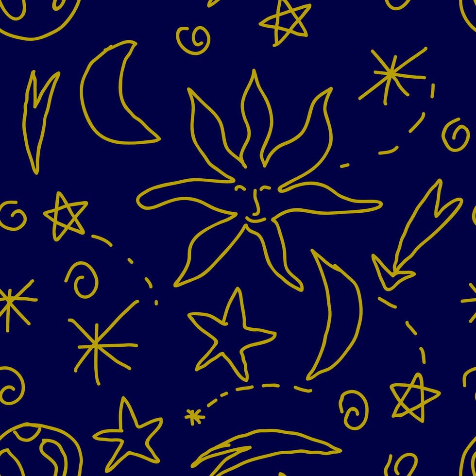 mignon doodle modèle sans couture céleste avec étoiles, soleil, lune, tourbillons, planète. fond d'infini magique cosmique. vecteur