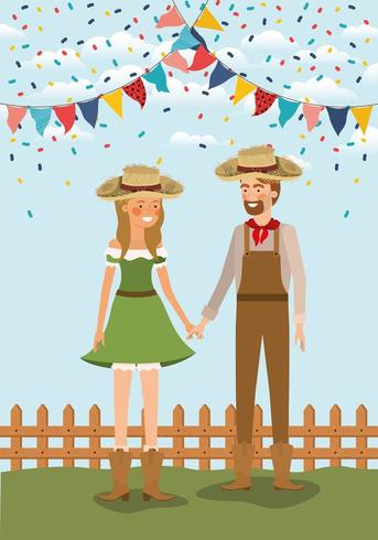 couple d&#39;agriculteurs célébrant avec guirlandes et clôture vecteur