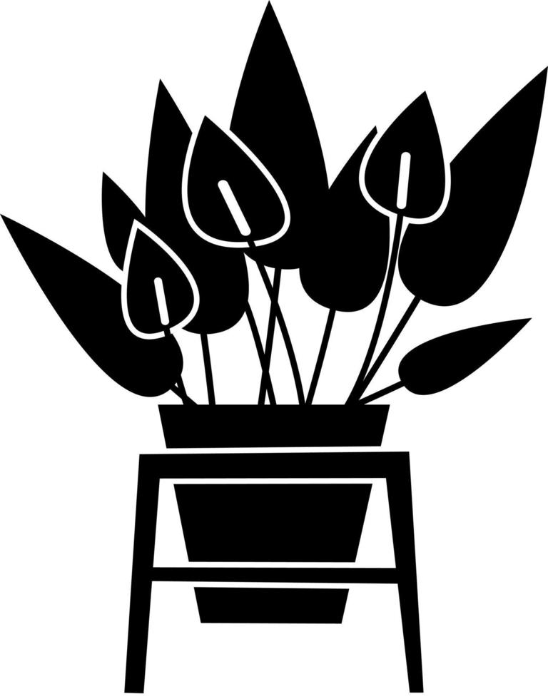 icône de fleur avec des fleurs dans un pot, sur un support, silhouette noire. mis en évidence sur un fond blanc. vecteur