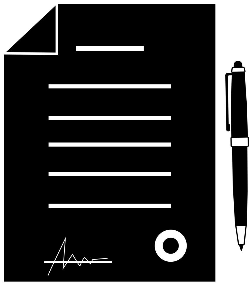 icône de document, contrat avec stylo à bille, silhouette noire. mis en évidence sur un fond blanc vecteur
