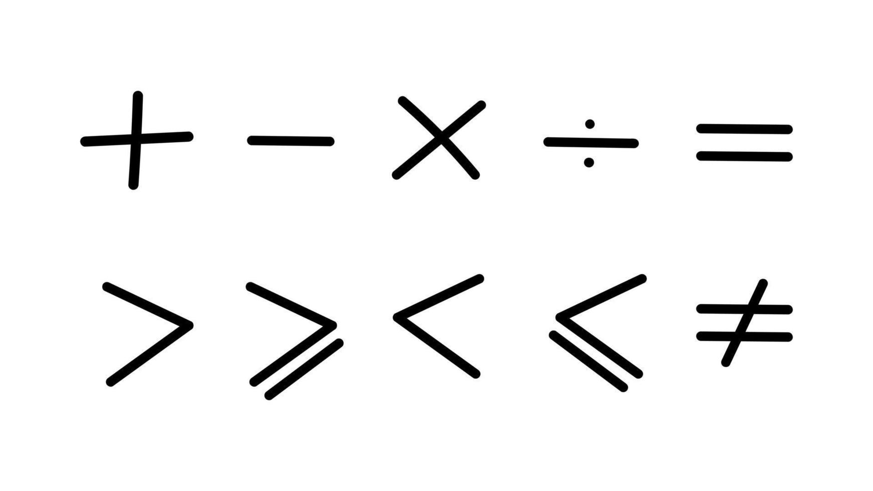 symboles mathématiques dessinés icônes de tableau noir. addition et soustraction écrites à la main avec division supplémentaire comparaison de multiplication supérieure ou inférieure à l'égalité vectorielle générale vecteur