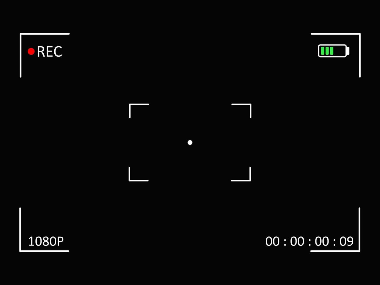 caméra à écran noir avec paramètres de prise de vue vidéo. appareil photo inclus dans l'obscurité avec croix de viseur et indicateurs de qualité photo résoluton. zoom numérique pour les blogueurs vectoriels modernes vecteur