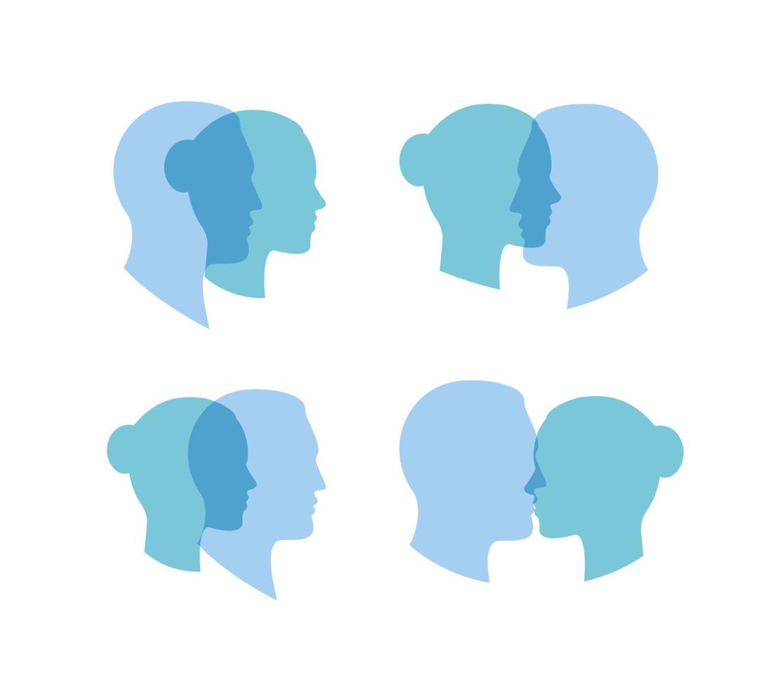 symbole d'identification mentale et de genre, problème mental bipolaire, équilibre des émotions relationnelles, icône de têtes de couleur bleue, illustration vectorielle isolée. vecteur