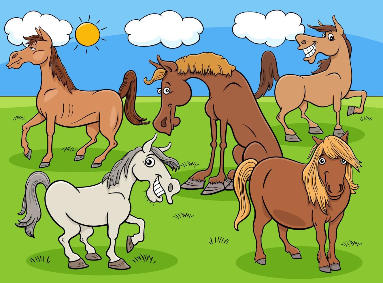 dessin animé, chevaux, ferme, animaux, groupe, dans, les, pré vecteur