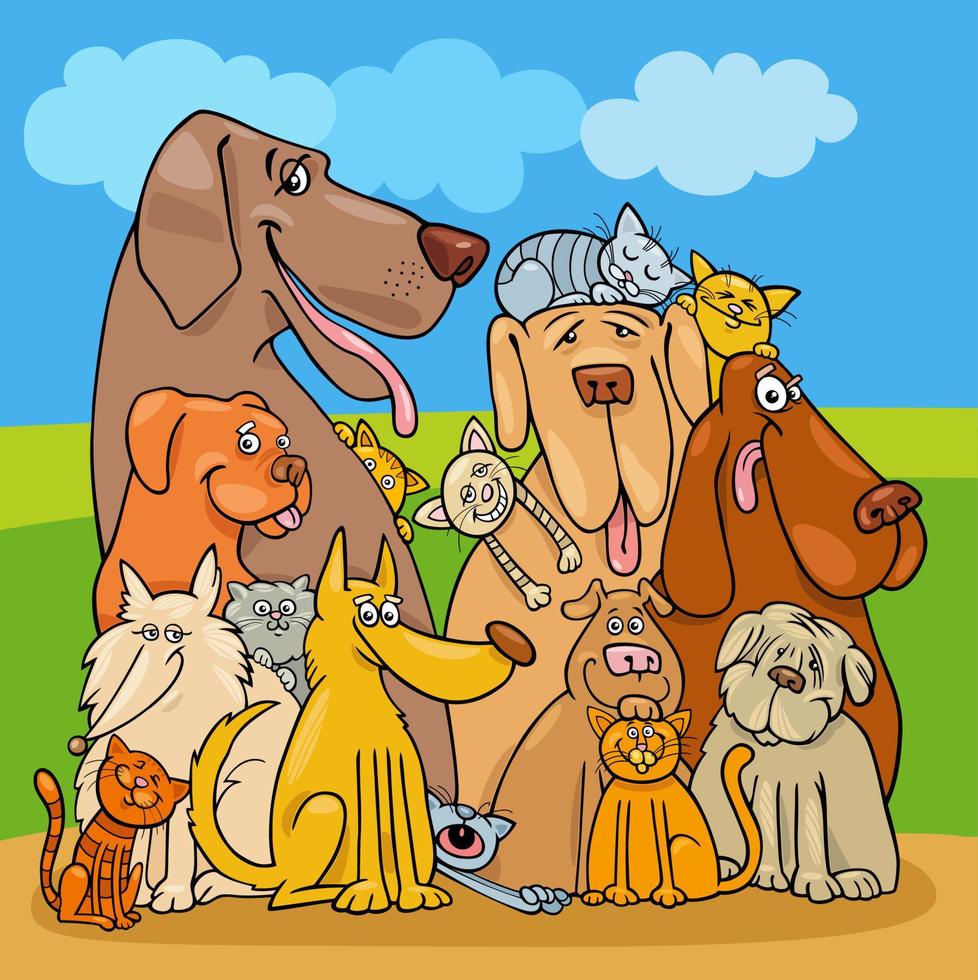 groupe de personnages drôles de chiens et de chats de dessin animé vecteur