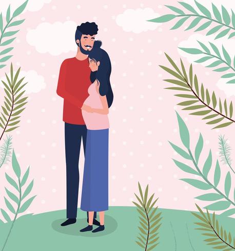 personnages de grossesse couple amoureux mignons dans le paysage vecteur