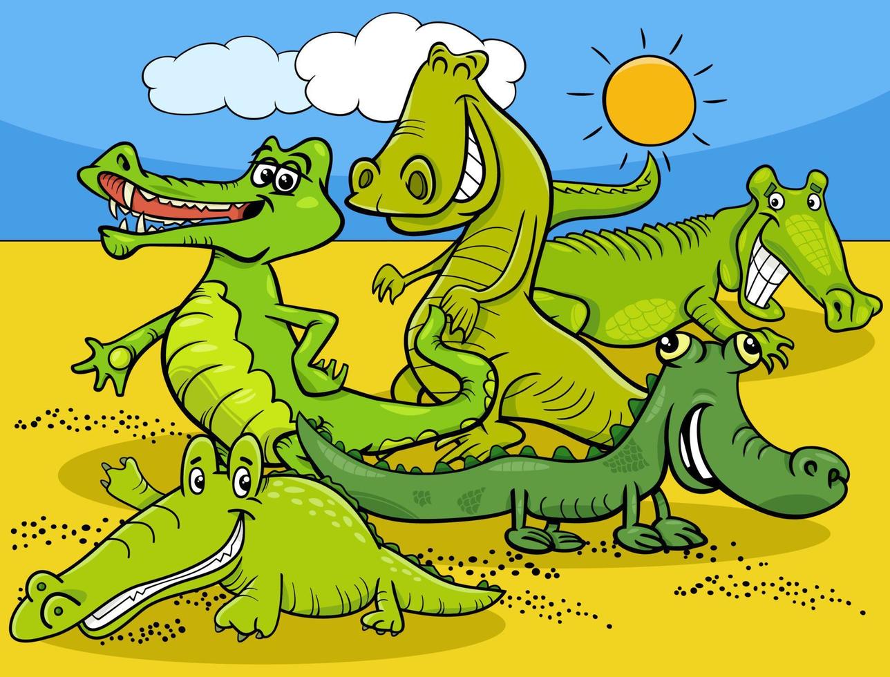 drôle de bande dessinée crocodiles groupe de personnages d'animaux sauvages vecteur