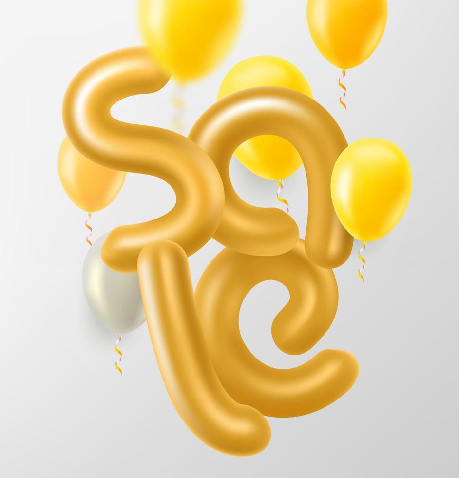 bannière de vente avec des ballons à air avec des lettres dorées. illustration vectorielle 3d vecteur
