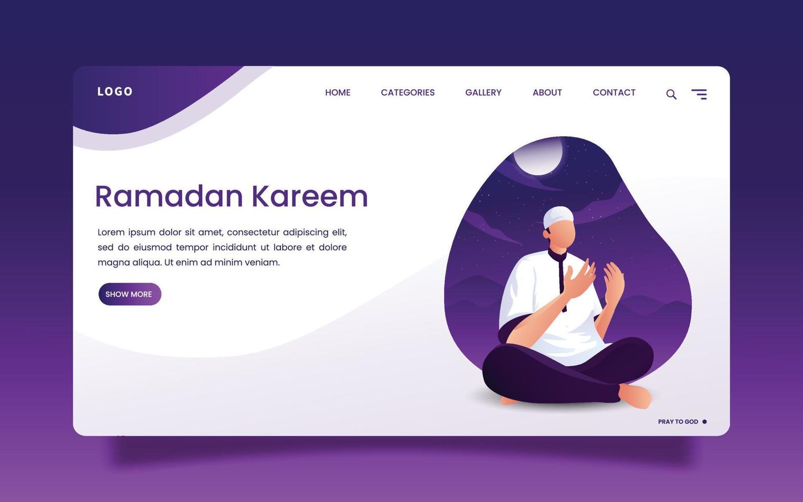 page de destination - illustration du ramadan d'un homme prie Dieu avec le fond violet la nuit. vecteur