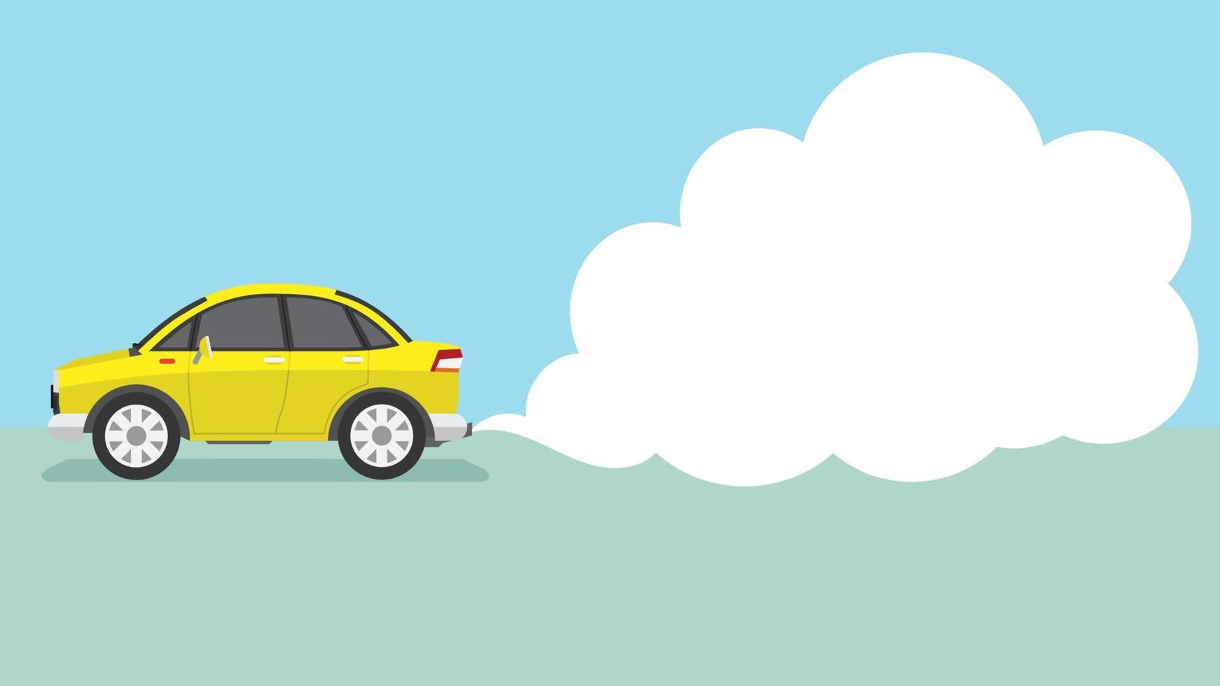 vecteur ou illustration d'une voiture de dessin animé jaune passe en émettant des fumées polluantes ou de la fumée du tuyau d'échappement. espace vide pour le texte dans la fumée.