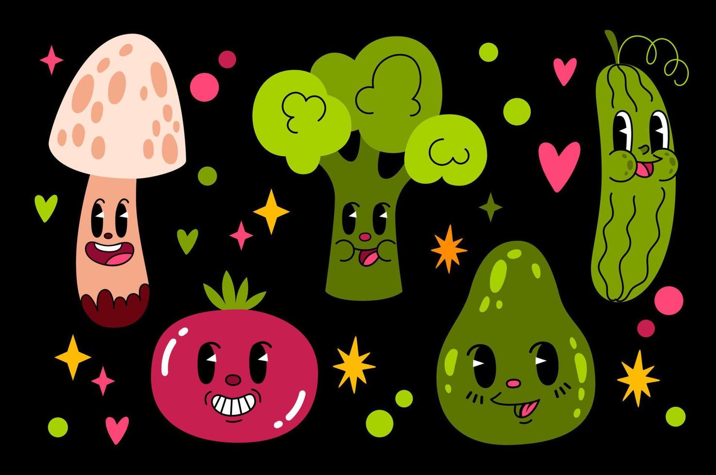 collection de divers légumes souriants dans un style de dessin animé 30e vecteur