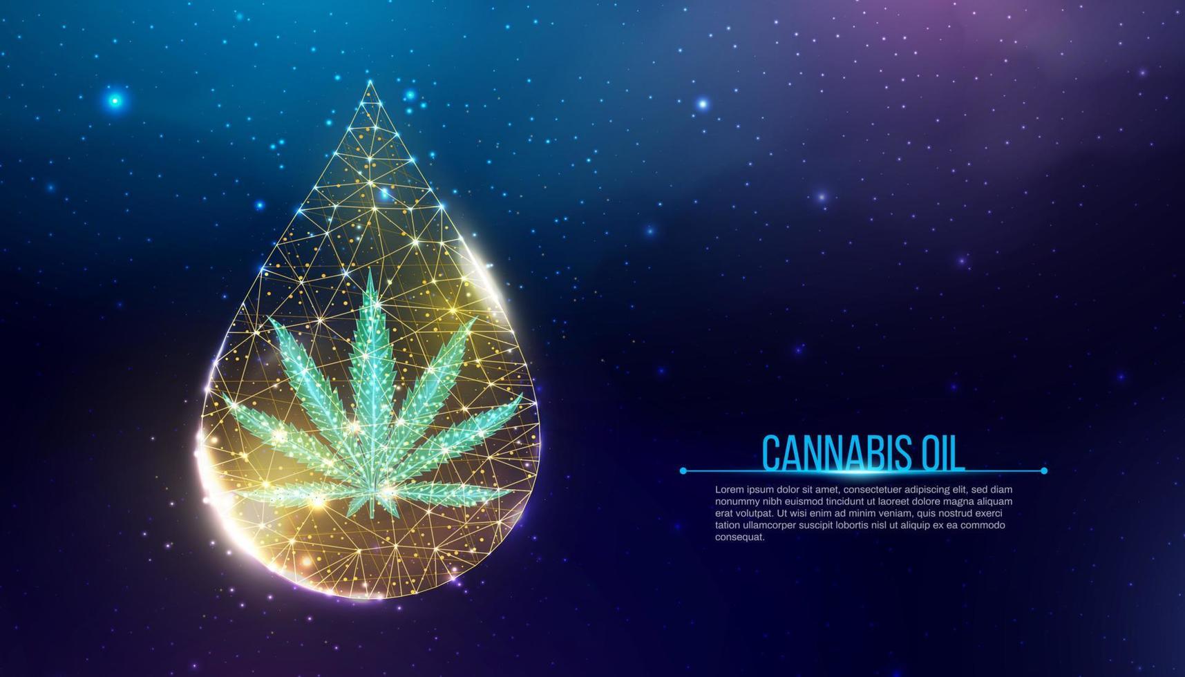 concept d'huile de cannabis. chanvre low poly dans la goutte d'huile. structure de connexion de lumière filaire de feuille de marijuana, graphique polygonal. illustration vectorielle. vecteur