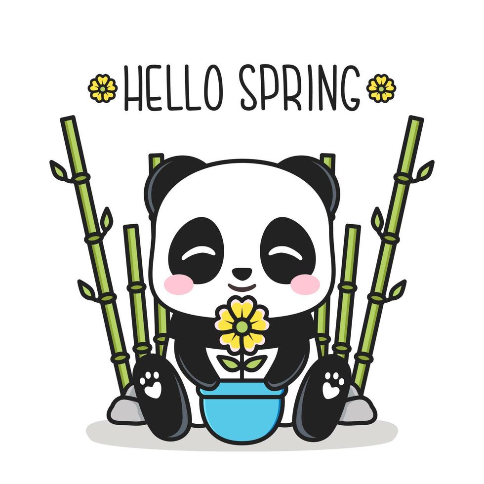 bonjour le printemps avec un panda mignon et un pot de fleur vecteur
