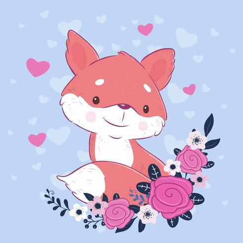 Renard de dessin animé mignon avec un bouquet de roses vecteur