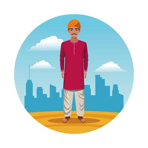 homme indien indien en chemise rouge rond dessin animé icône vecteur