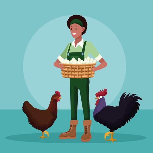 femme d&#39;agriculteur avec des oeufs dans la caricature du panier et des poulets vecteur