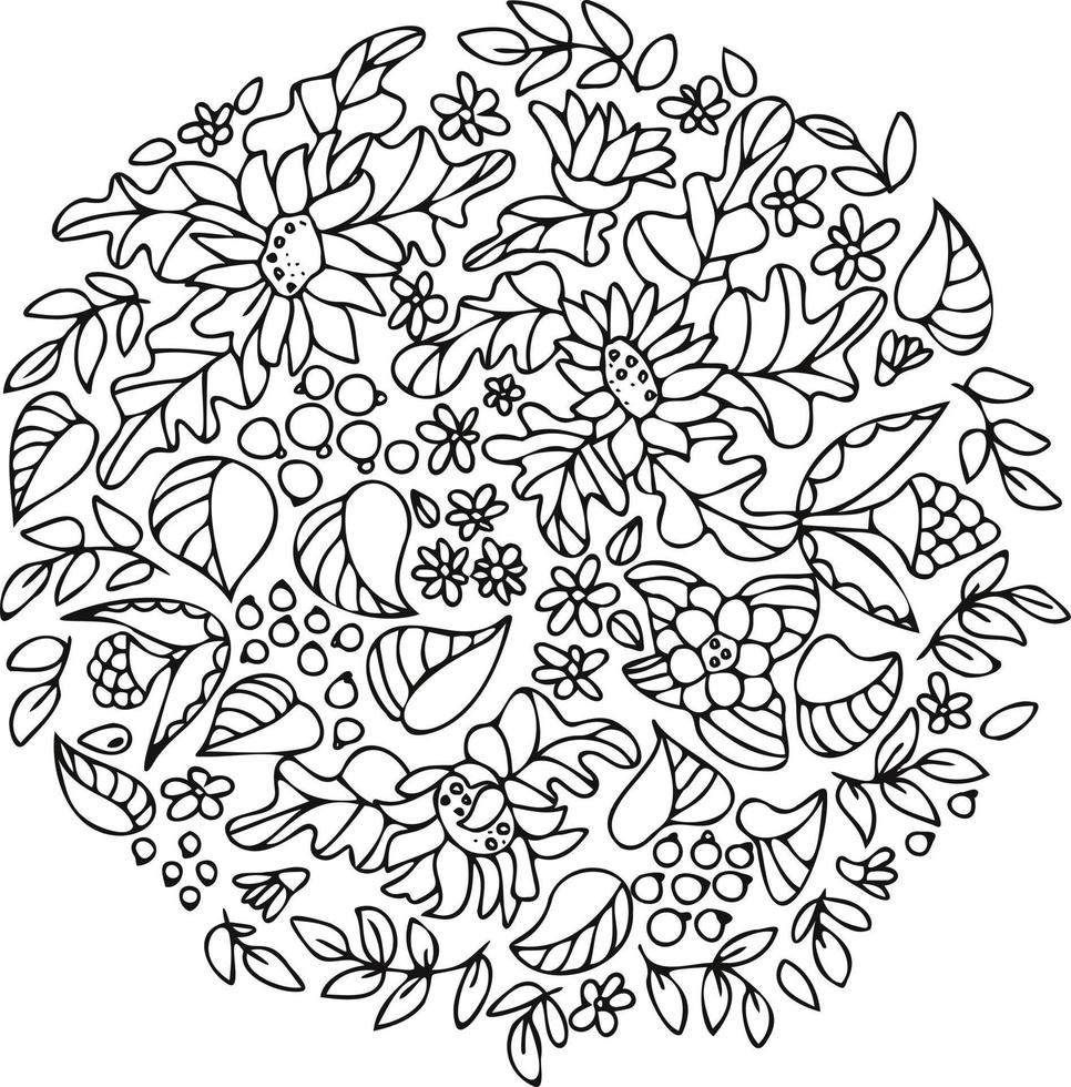 tournesols, fleurs sauvages, feuilles et baies. composition botanique. dessin vectoriel à la main, dessin au trait. coloriage pour adultes et enfants