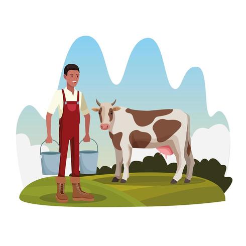 Agriculteur avec vache et deux seaux ferme paysage rural vecteur