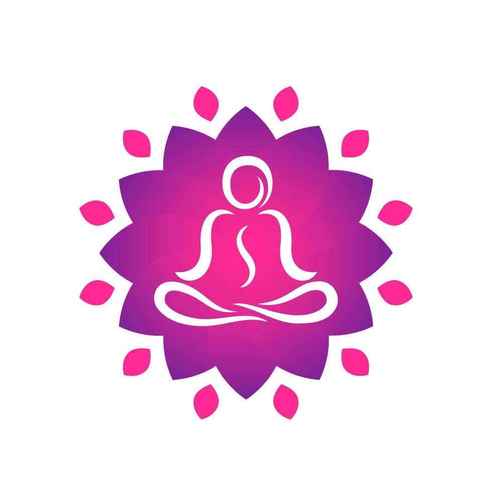 modèle de logo de yoga, homme méditant en position du lotus, forme de fleur abstraite vecteur