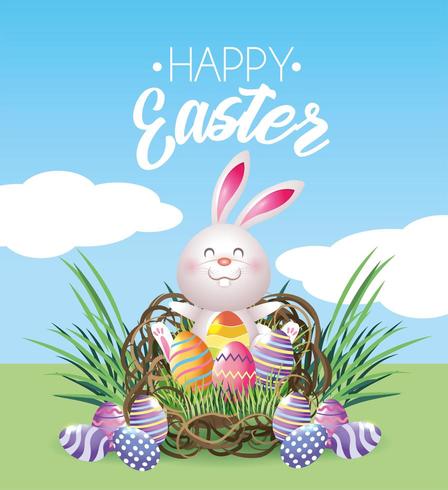 Joyeux lapin de Pâques avec décoration d&#39;oeufs vecteur