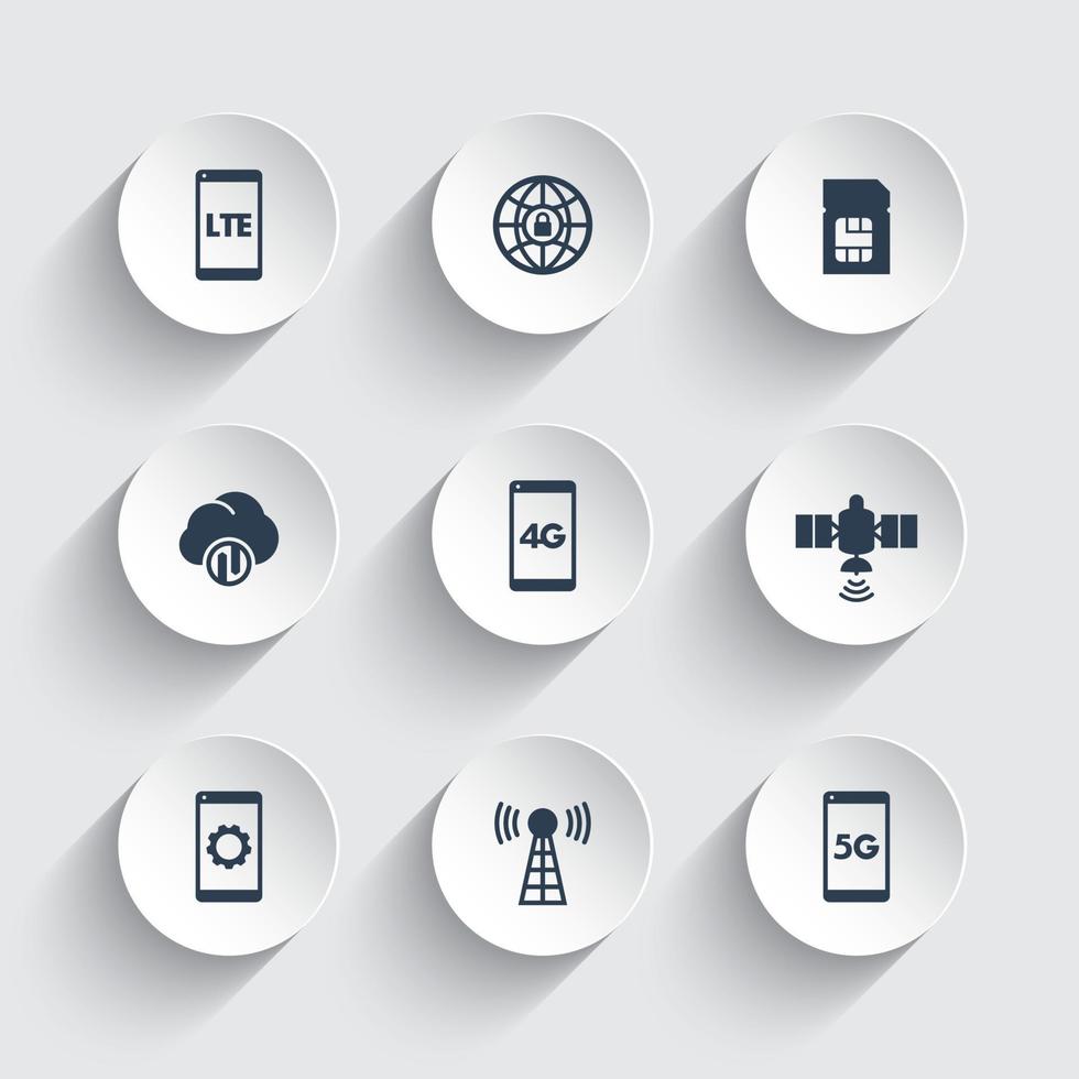 icônes de technologie sans fil, pictogramme de réseau 4g, icône lte, communication mobile, signes de connexion, 4g, icônes d'internet mobile 5g sur des formes 3d rondes, illustration vectorielle vecteur