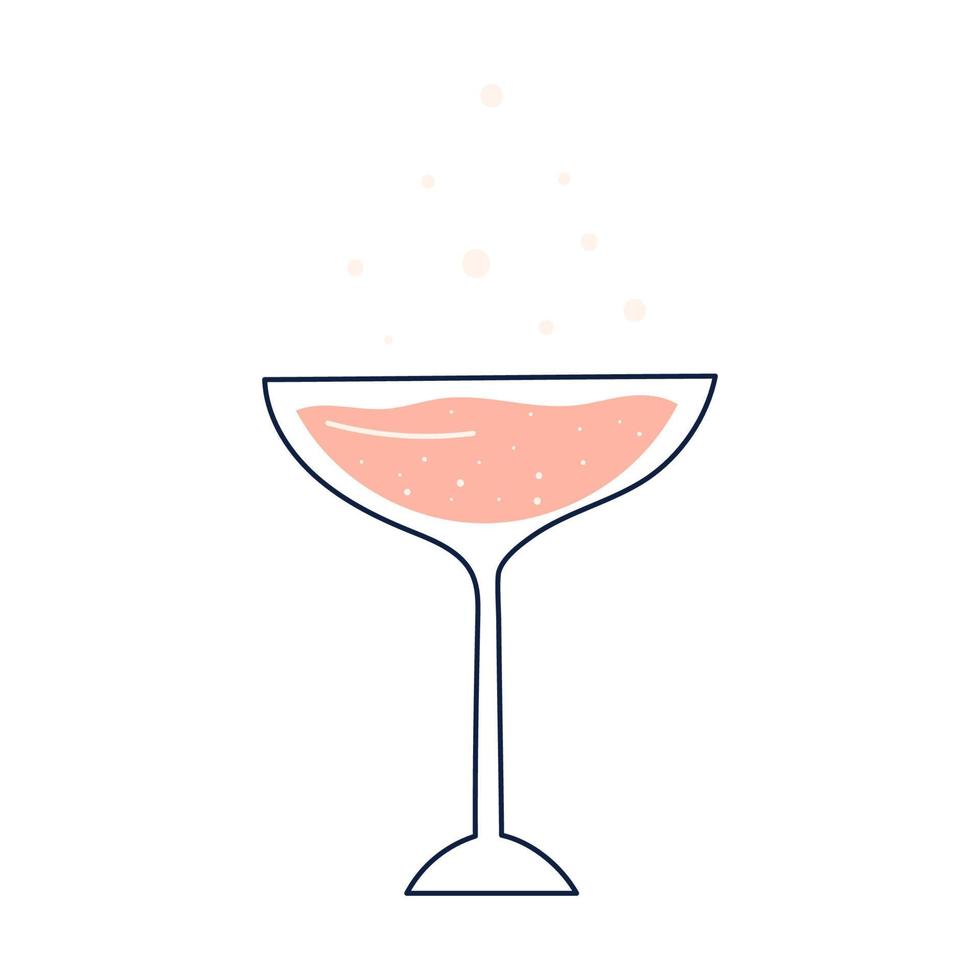 verre de vin rosé ou martini avec élément linéaire, illustration vectorielle plane isolée sur fond blanc. verre dessiné à la main pour boire des boissons alcoolisées lors des fêtes. vecteur