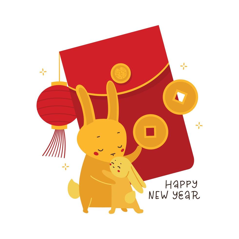 carte de voeux de joyeux nouvel an chinois 2023 avec une mère et un bébé lapins mignons, une lanterne et une grande enveloppe rouge d'argent. personnages familiaux de vacances d'animaux. illustration vectorielle plate dessinée à la main. vecteur