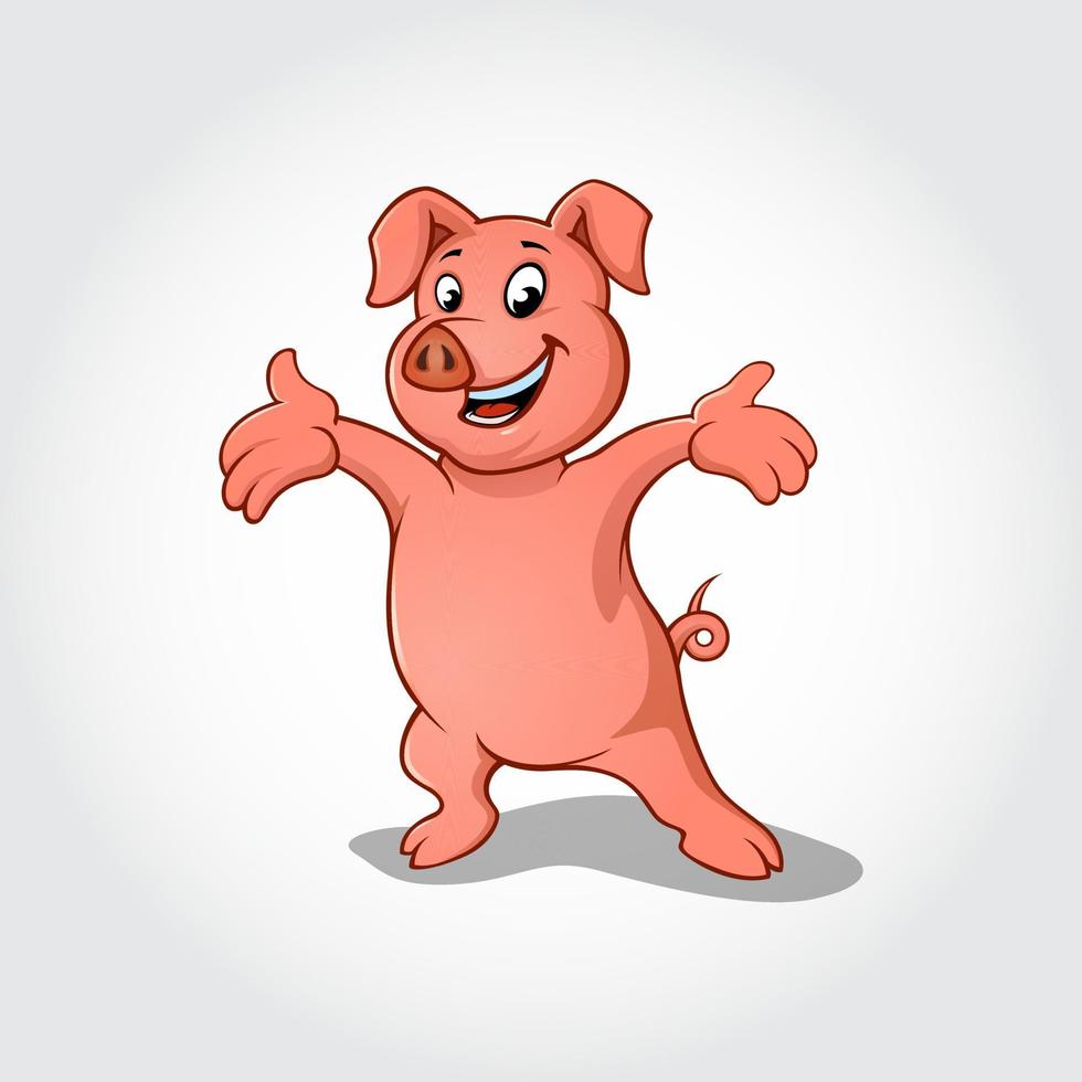 cochon en geste de bienvenue. personnage de dessin animé cochon souriant heureux vecteur