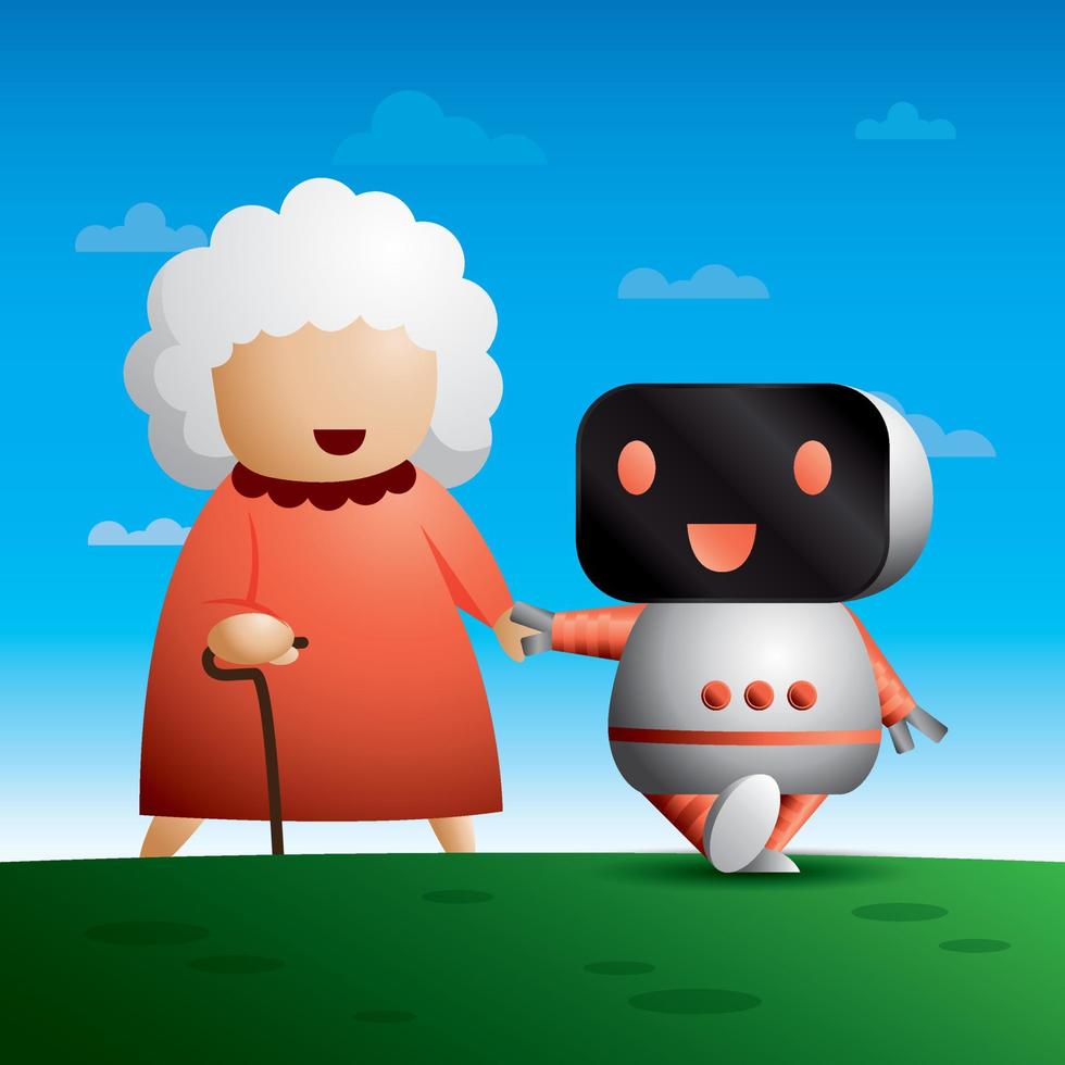 fichier vectoriel d'illustration. le robot tient la main d'un aîné heureux. robot de soins aux personnes âgées.