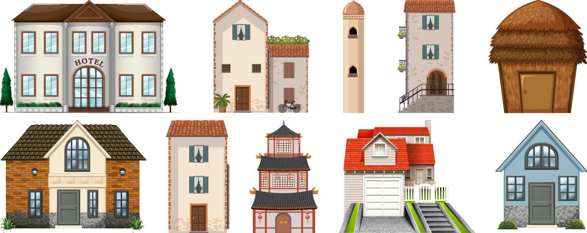 différents types de bâtiments sur fond blanc vecteur