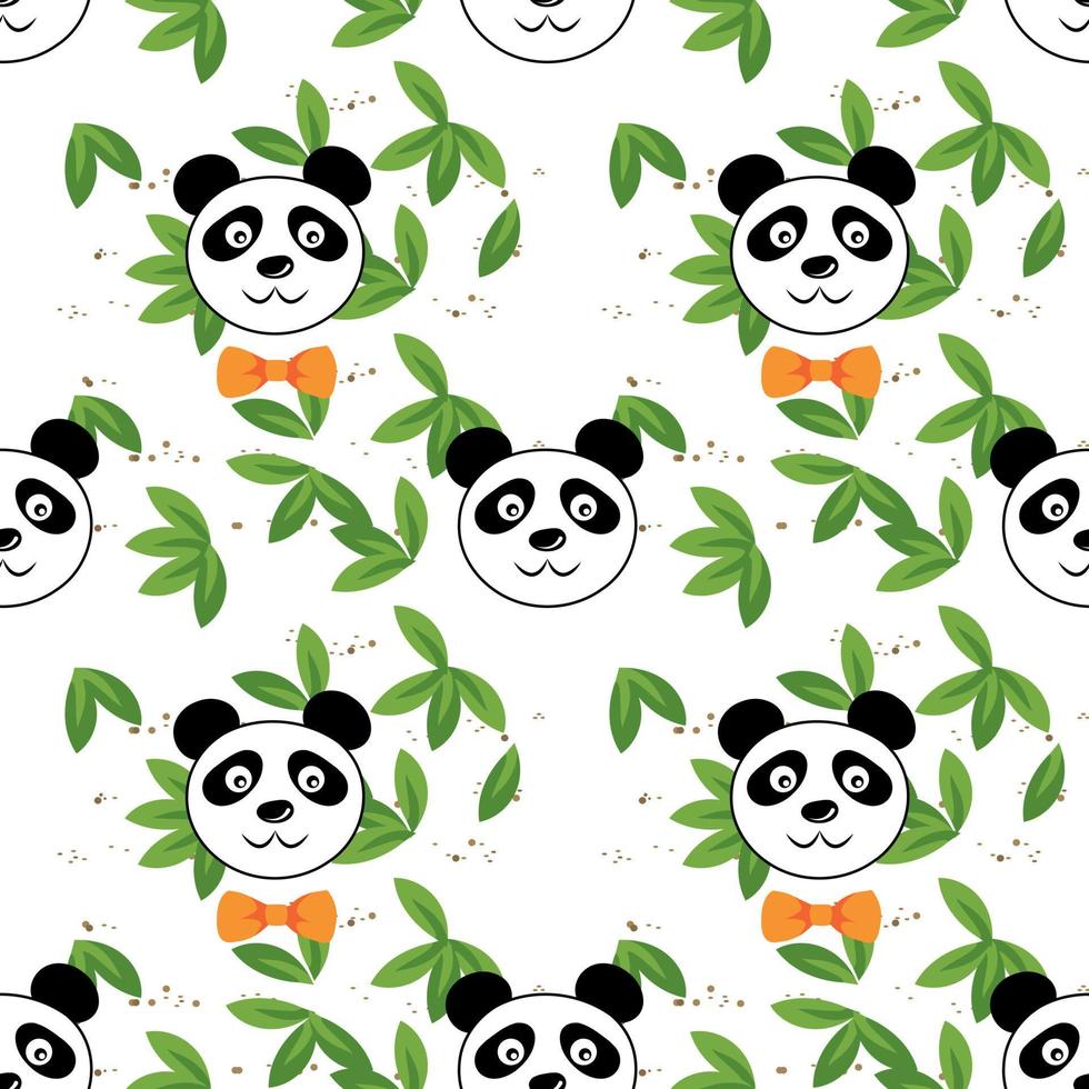 visage de panda mignon et harmonieux portant un noeud papillon avec des feuilles de bambou vertes, animal de compagnie en style dessin animé. impression drôle de bébé enfants. illustration vectorielle isolée sur fond blanc vecteur