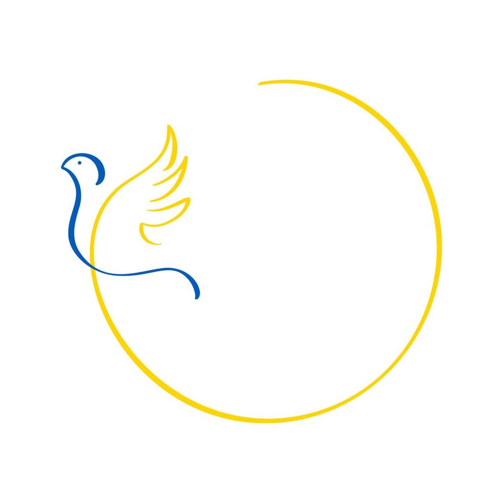 colombe linéaire de calligraphie et cadre pour le texte aux couleurs du drapeau ukrainien. arrêter la guerre en ukraine. un symbole de paix. illustration vectorielle isolée sur fond blanc vecteur