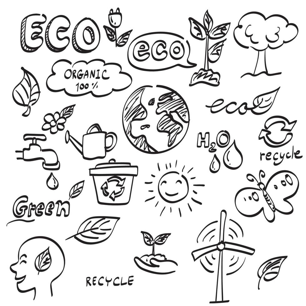 dessin au trait écologie icon set illustration vecteur dessiné à la main isolé sur fond blanc